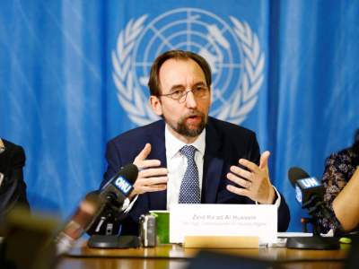 UN High Commissioner for Human Rights Zeid Ra'ad al-Hussein of Jordan speaks during a news conference in Geneva